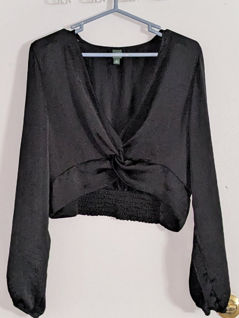 Wild Fable Black Satin Twist Front Long Sleeve Crop Top Blouse